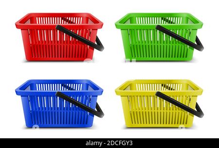 3d realistic vector supermarket food cart plastic collection empty basket with black handle. Isolated on white background. Stock Vector