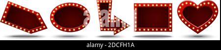 Collection of 3d realistic vector background retro light boxes billboard for cinema, bar show or restaurant on white background. Stock Vector