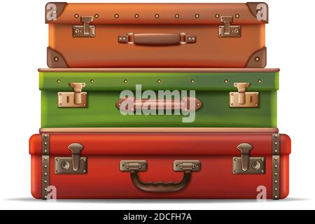 3d realistic vector collection of different sizes travel luggage, retro old style in leather. Isolated on white background. Stock Vector