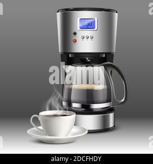 Mobile3 d realistic vector illustration of a coffee machine with white coffee cup on a gray background. Stock Vector
