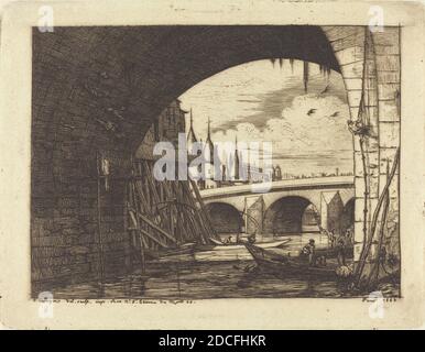 Charles Meryon, (artist), French, 1821 - 1868, L'arche du Pont Notre-Dame, Paris (An Arch of the Notre-Dame Bridge, Paris), 1853, etching with drypoint on green paper Stock Photo