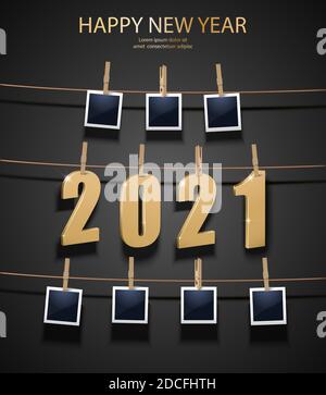 Vector New Year background with golden 3d letters 2021 and photo frames hanging on the memory board. Celebration background. Stock Vector