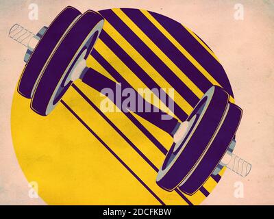 Abstract fitness themed retro design, dumbbells and kettlebell paper ...
