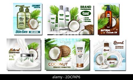 Coconut Cosmetics Promotion Posters Set Vector Stock Vector