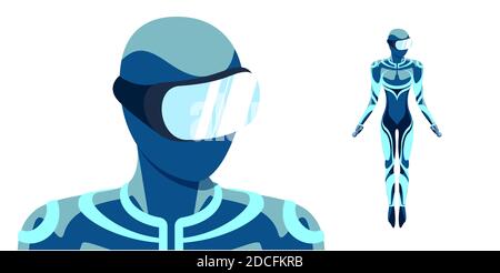 Virtual reality simulator in headset concept. User man in blue suit wearing VR glasses helmet isolated on white background. Futuristic technology vector eps illustration Stock Vector