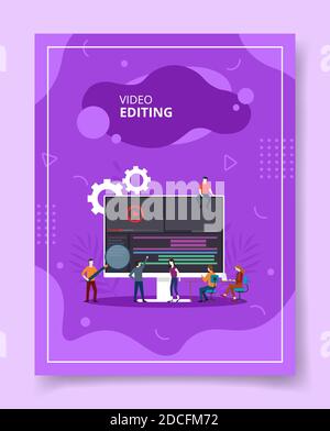 video editing people coworking on computer for template of banners, flyer, books cover, magazines with liquid shape style Stock Vector