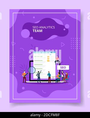 seo analytics team people standing sitting on laptop for template of banners, flyer, books cover, magazines with liquid shape style Stock Vector