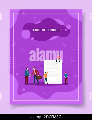 code of conduct people front paper standing sitting handshake for template of banners, flyer, books cover, magazines with liquid shape style Stock Vector