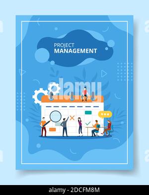 project management people standing sitting on calendar for template of banners, flyer, books cover, magazines with liquid shape style Stock Vector