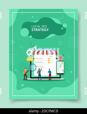 local seo strategy people standing front laptop e commerce app on display for template of banners, flyer, books cover, magazines with liquid shape Stock Vector
