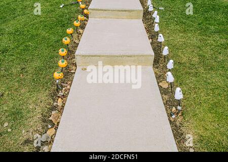 Halloween Decorations on pavement to prepare for Halloween Night Stock Photo