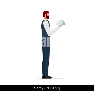 Elegant male waiter holding serving platter with dome. Restaurant or cafe high quality service concept. Vector flat illustration Stock Vector