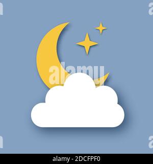 Night sky with crescent moon. Cloudy sky. Stars. Paper cut Weather. Stock Vector