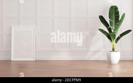 empty modern interior and parquet floor and green banana vase and frame Stock Photo