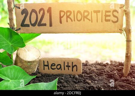 2021 priorities banner in natural background. New Year 2021 setting health as priority and goal concept. Stock Photo