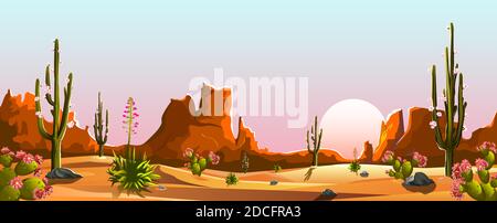 Mexican desert. Blooming cacti. The mountains. Sunset. Landscape. Saguaro cactus. Stock Vector