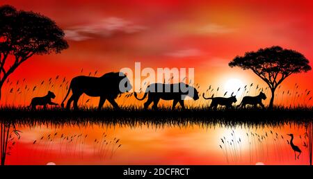African lions on the background of sunset, trees and lake. A family of African lions for a walk. Savannah. Wild life of Africa. Nature. Stock Vector