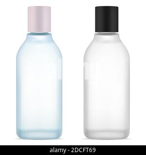 Cosmetic water bottle. Face skin serum product. Blue and white collagen tonic bottles. Hair gel jar with plastic cap mockup design. Clear glass packag Stock Vector