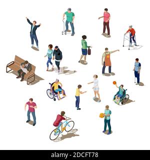 Isometric 3d set of different people. Young and old characters who walk, play, ride or communicate. Disabled humans are walking with walker, crutches, cane or on wheelchair. Businessman read newspaper Stock Vector