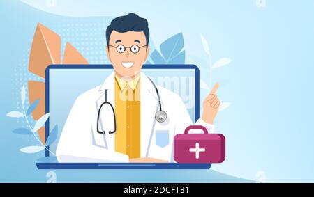 Online doctor consultation over the internet, Individual virtual video visit with board-certified physician. Medical diagnostics, treat illnesses over web application on computer. Healthcare concept. Stock Vector