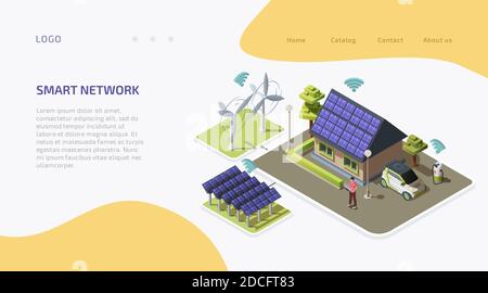 Smart network technology concept. Isometric wind electricity generators and solar panels connected to house, alternative energy source. Landing page, website template, interface design. Stock Vector