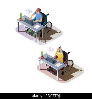Woman and man with disability are sitting at table and working on the computer. Invalids in wheelchair doing work or communicate online. Handicapped characters at workplace, isometric 3d illustration. Stock Vector
