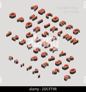 Isometric trendy decorative alphabet, numbers and punctuation with shadows in row on grey background. Digits typography 3d elements, signs, symbols. Stock Vector