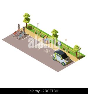 Isometric bicycle renting station, electric vehicle and cars parking lot or car-parking for the disabled. Zone with man on wheelchair for handicapped Stock Vector