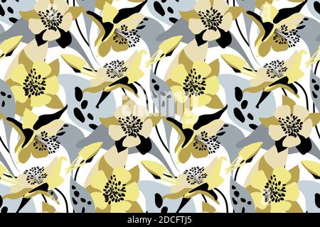 Vector floral seamless pattern. Flower background. Yellow, gray flowers. Stock Vector