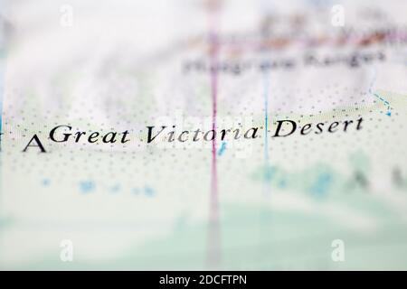 Shallow depth of field focus on geographical map location of Great Victoria Desert Australia Oceania continent on atlas Stock Photo