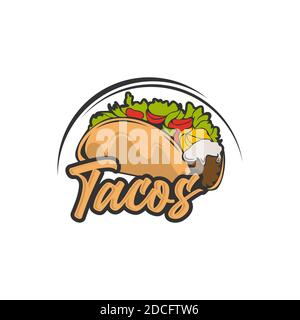 Tacos logo vector illustration. Taco sausage silhouette, good for restaurant menu and cafe badge. Vintage typography emblem design. Stock Vector