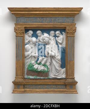 Luca della Robbia, (artist), Italian, Florentine, 1400 - 1482, The Nativity, c. 1460, glazed terracotta, overall: 56.5 x 47.9 cm (22 1/4 x 18 7/8 in.), framed: 106.7 x 68.6 x 12.1 cm (42 x 27 x 4 3/4 in.), framed weight: 31.752 kg (70 lb Stock Photo