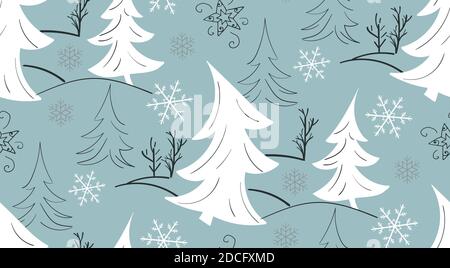 Winter forest. White firs and other trees, snowflakes on blue background. Christmas seamless pattern Stock Vector
