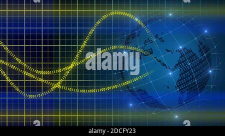 Cyber security concept - graphic elements with binary code - blurred earth globe on dark background - internet protection or network technology Stock Photo
