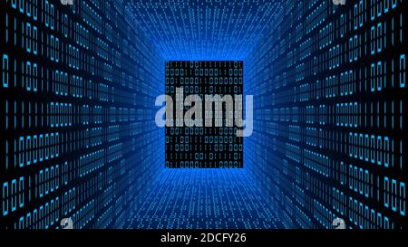 Abstract data flow background - blue glowing room with walls made of binary code digits - 3D-illustration Stock Photo