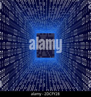 Abstract data flow background - blue glowing room with walls made of binary code digits - 3D-illustration Stock Photo