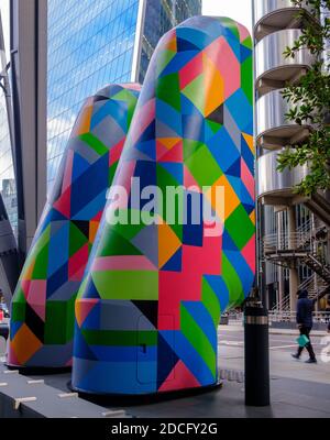 A colourful creation from Carl Cashman, abstract focused street artist, on the Leadenhall  air trumpets as part of the London Mural Festival 2020. Stock Photo