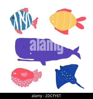 Underwater creatures different type of fish, jellyfish, clownfish, set with marine animals for fabric, textile, wallpaper, nursery decor, prints Stock Vector