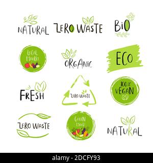 Hand drawn Zero waste logo or sign. Eco badge, tag for shopping, no plastic market, products packaging.Natural leaves, branches, plant elements with Stock Vector