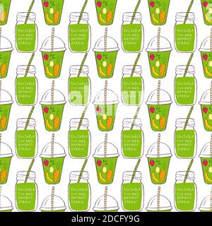 Hand drawn Zero waste seamless pattern. No plastic elements of eco life: reusable paper, bamboo, wooden, fabric cotton bags, glass, jars, cutlery Stock Vector