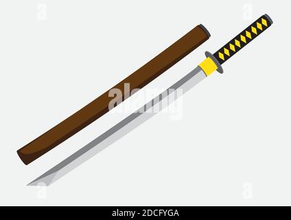 Vector illustration of Katana, an ancient Japanese samurai sword and its wooden mounting isolated on plain background. Stock Vector