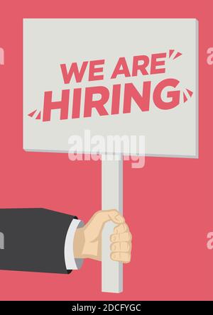 Recruitment shoutout with a placard banner against a red background. Concept of  job vacancy, corporate recruitment or career opportunity. Flat vector Stock Vector