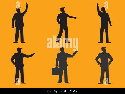 Set of six vector illustrations of silhouette of businessman in suit in different gestures isolated on bright orange background. Stock Vector