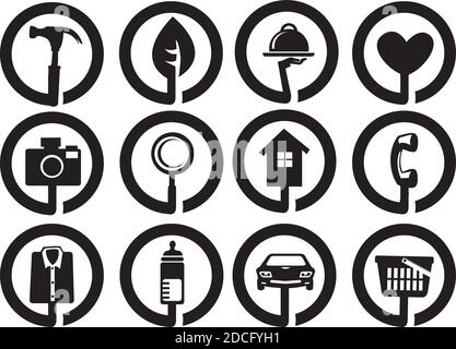 Collection of different black and white round vector set for business and services. Stock Vector