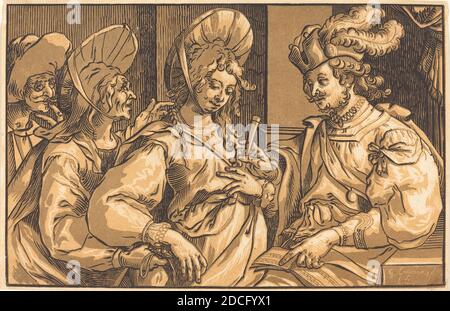 Ludwig Büsinck, (artist), German, c. 1590 - 1669, Georges Lallemand, (artist after), French, 1598 or before - 1640, The Procuress, chiaroscuro woodcut Stock Photo