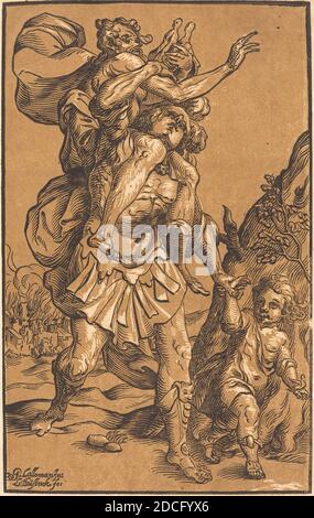 Ludwig Büsinck, (artist), German, c. 1590 - 1669, Georges Lallemand, (artist after), French, 1598 or before - 1640, Aeneas Saving His Father from Troy, chiaroscuro woodcut printed from two blocks in tan and black, image: 34.8 x 21.8 cm (13 11/16 x 8 9/16 in.), sheet: 36.5 x 23.5 cm (14 3/8 x 9 1/4 in Stock Photo