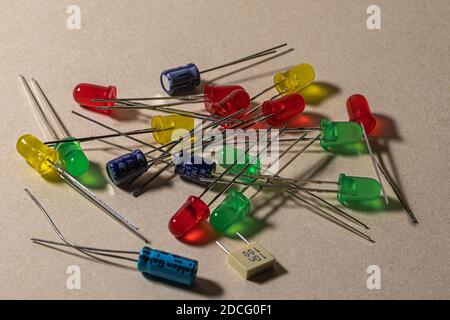 electronic components scattered on clear background Stock Photo