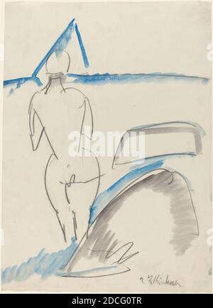 Ernst Ludwig Kirchner, (artist), German, 1880 - 1938, Bather on the Beach, 1912/1913, black crayon with blue and gray wash, overall: 43.4 x 31.8 cm (17 1/16 x 12 1/2 in Stock Photo