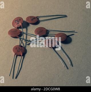 electronic components scattered on clear background Stock Photo