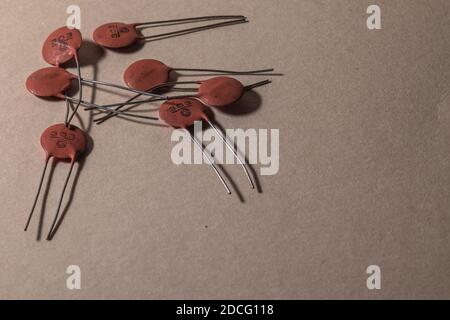 electronic components scattered on clear background Stock Photo